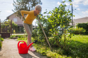 A senior woman is experiencing back pain while gardening.
